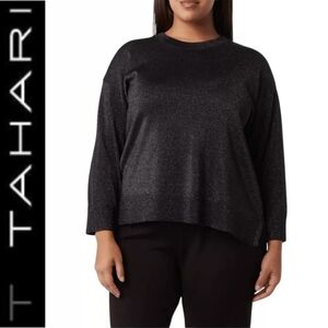 T TAHARI Plus Size Glitter Metallic Black Knit Crewneck Sweater, Longer Back, 1X
